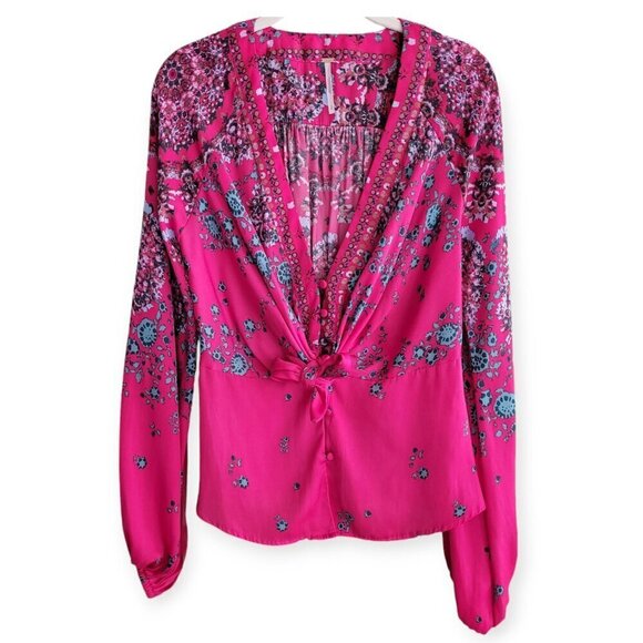 Free People Fuchsia Balloon Sleeve Blouse Size S - Picture 2 of 13